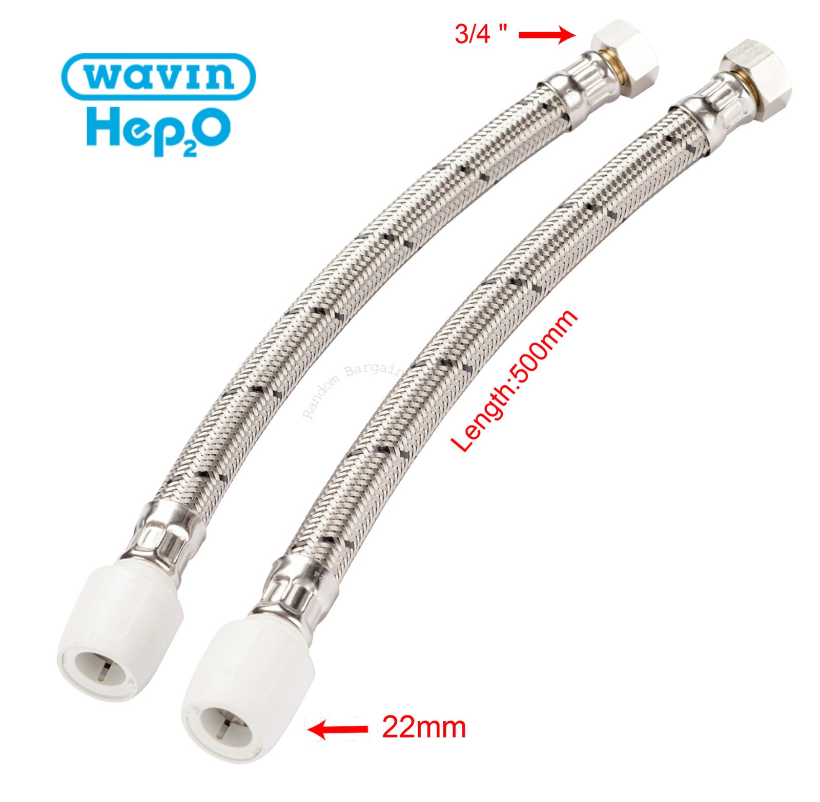 Pack of 2 - Hep2O Flexible Tap Connector 22mm x 3/4"" BSP x 500mm HD225B/22W