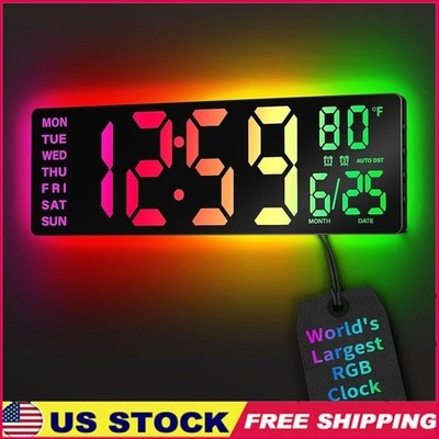 RGB Digital Wall Clock 16.5 Inch Auto DST Bluetooth Large Display Wall Desktop