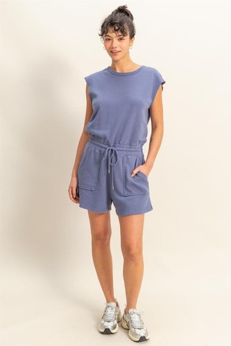 HYFVE Round Neck Cap Sleeve Drawstring Waist Romper - Picture 4 of 6