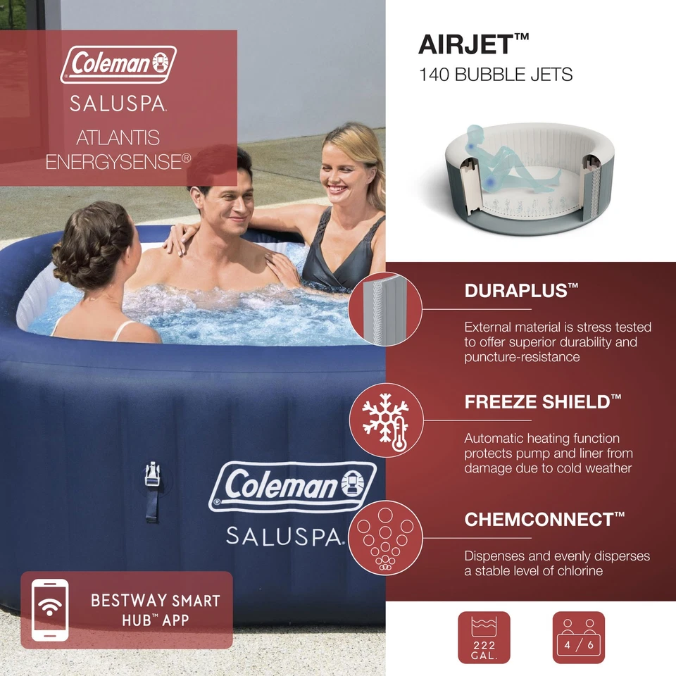 Coleman Atlantis AirJet Square Inflatable Hot Tub with EnergySense Cover, Blue - Image 2 of 4
