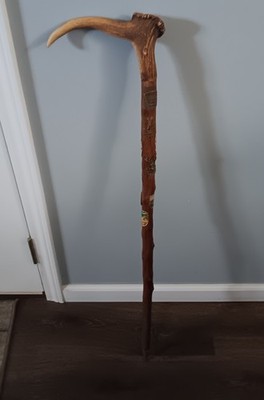 Rare 1950s German Antler Curved Walking Stick/ Cane ( Rare Metal Medallions)