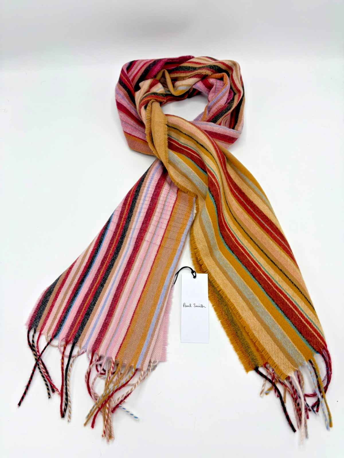 Paul Smith Signature Stripe Swirl Pink Wool Cashmere SCARF in bag
