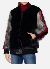Adrienne Landau Faux Fur Jacket Coat Black, 1X Striped Sleeve Bomber NEW