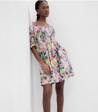 Gap Linen Blend Floral Dress Small Puff Sleeves Short/mini