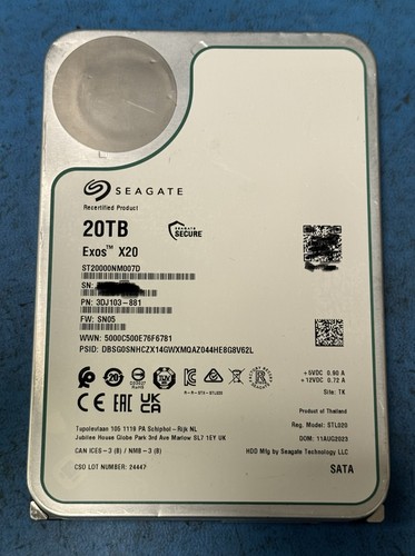 Seagate Exos X20 ST20000NM007D 20TB 512E SATA 6Gb/s 3.5"  Enterprise Hard Drive