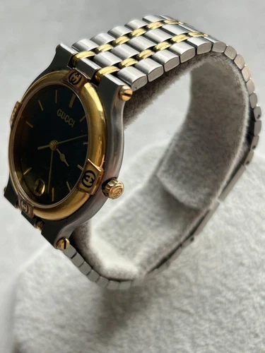 Gucci Men Wristwatch 9000M Black Round Silver Gold Quartz Analog No Work 115049 - Picture 3 of 11