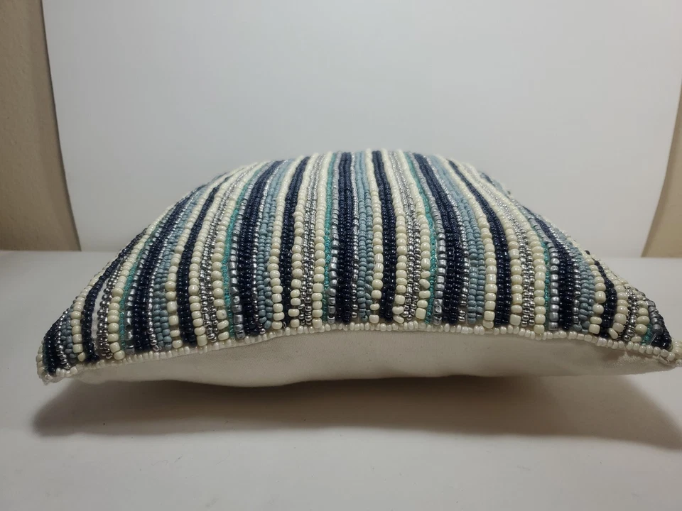Pier One 1 Throw Pillow - Beaded Striped - Blues, Silver, Whites Square 12 X 12" - Image 4 of 4