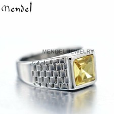 MENDEL Mens Faux Square Yellow Citrine Stone Ring Men Stainless Steel Size 7-13