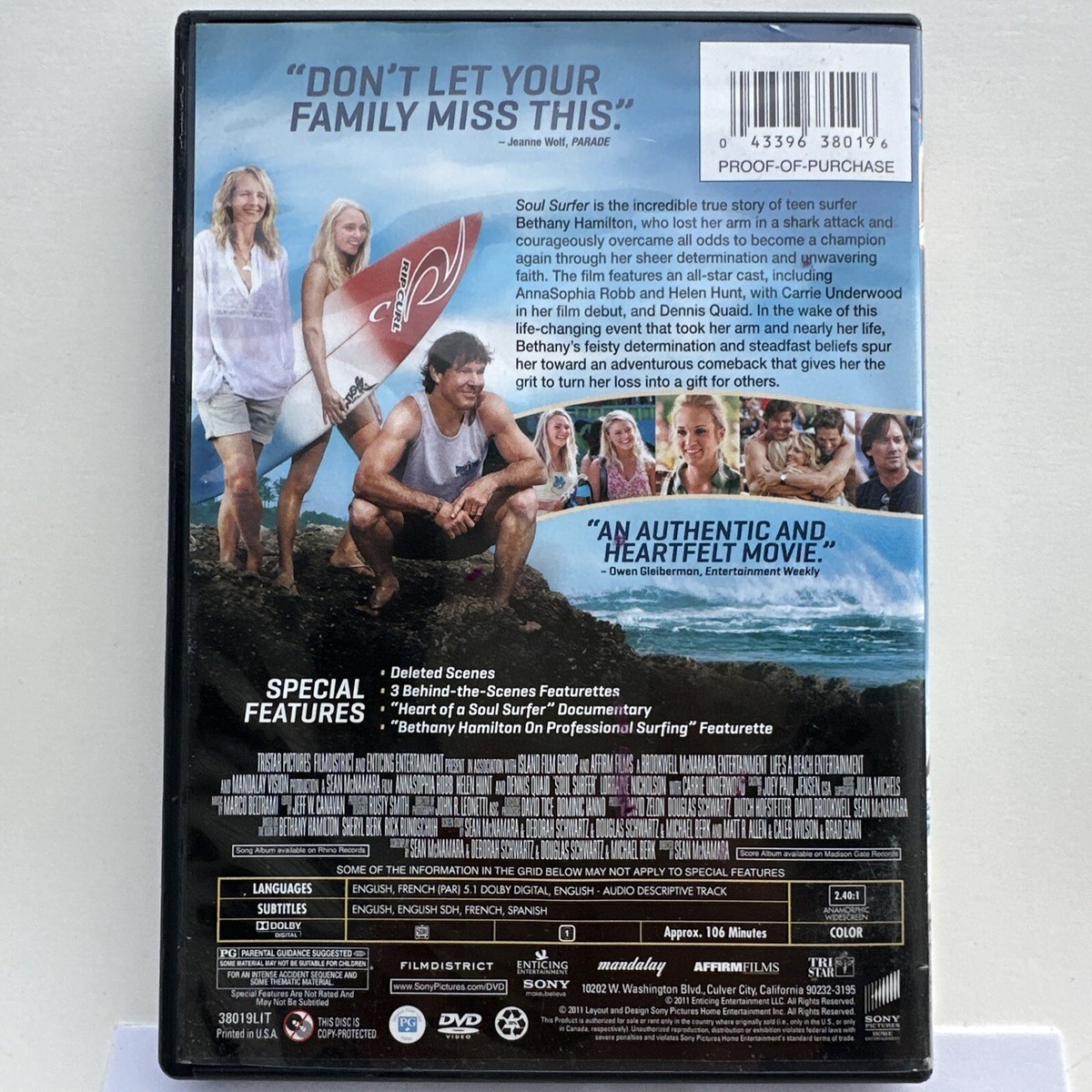 Soul Surfer DVD 2011 Anna Sophia Robb Helen Hunt Lorraine