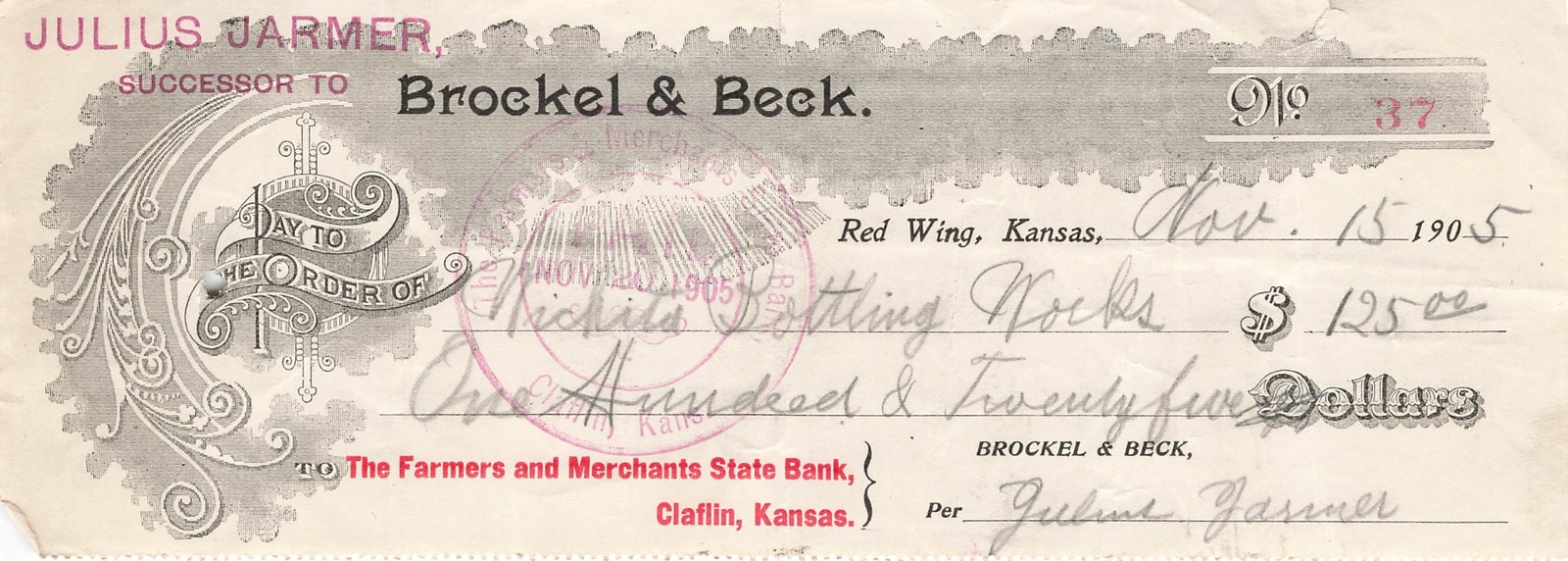1905 Vintage Brocker & Beck Bank Check Farmers Merchants State Bank
