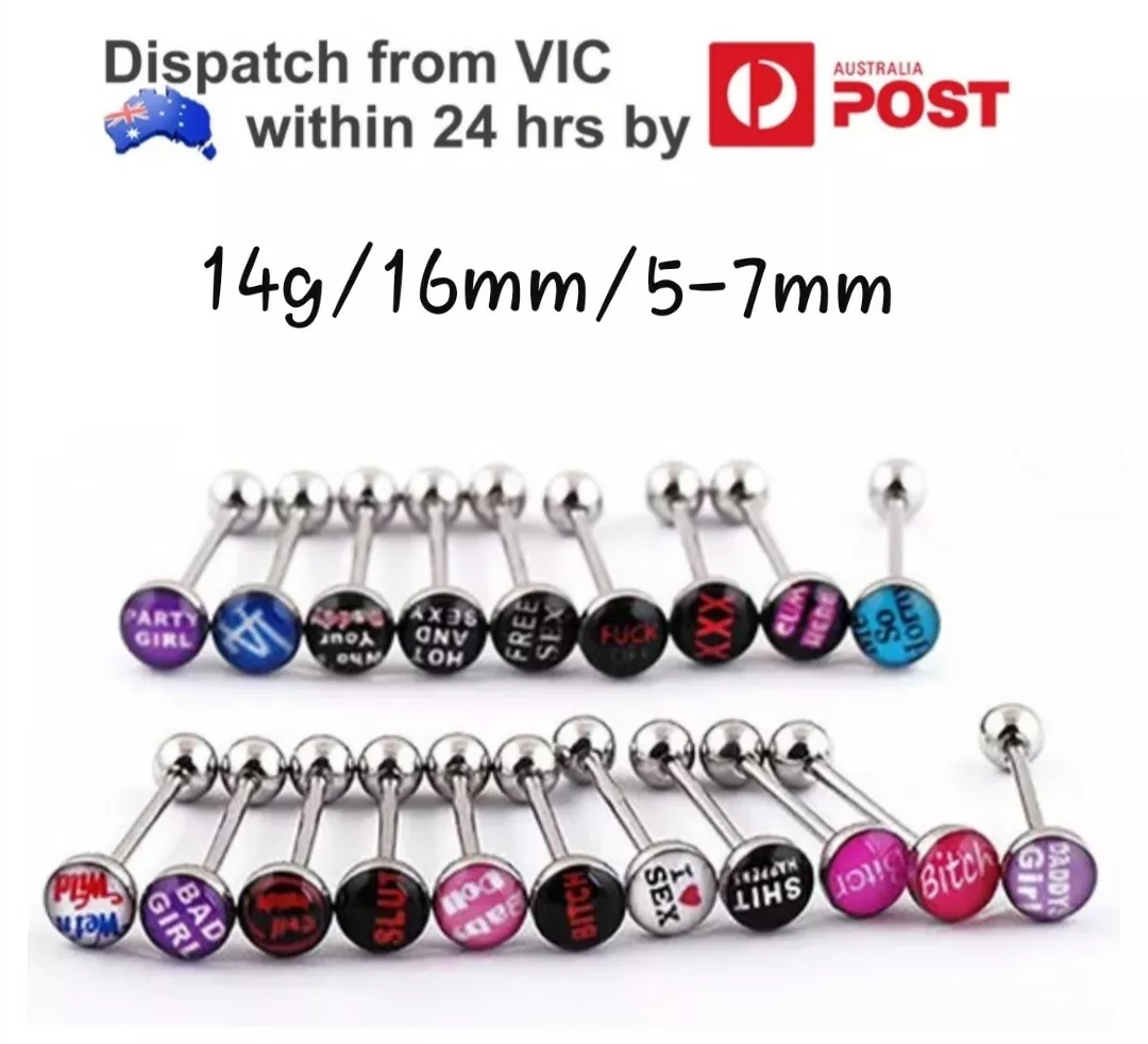 14g Adult Rude Logo Word Naughty Novelty Tongue Bar Ring 16mm Barbell Piercing