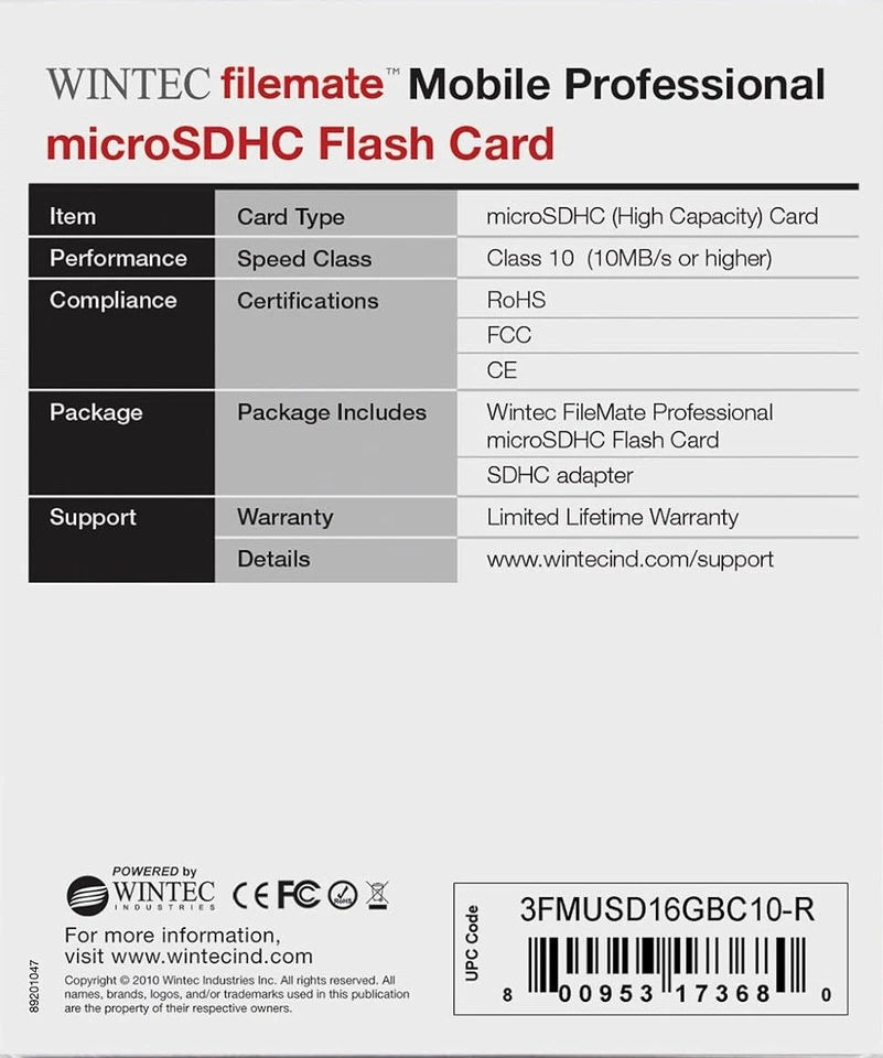 Wintec Filemate 16GB MicroSD SDHC SD Class 10 20MBs CARD + ADAPTER NEW SEALED - Image 2 of 2