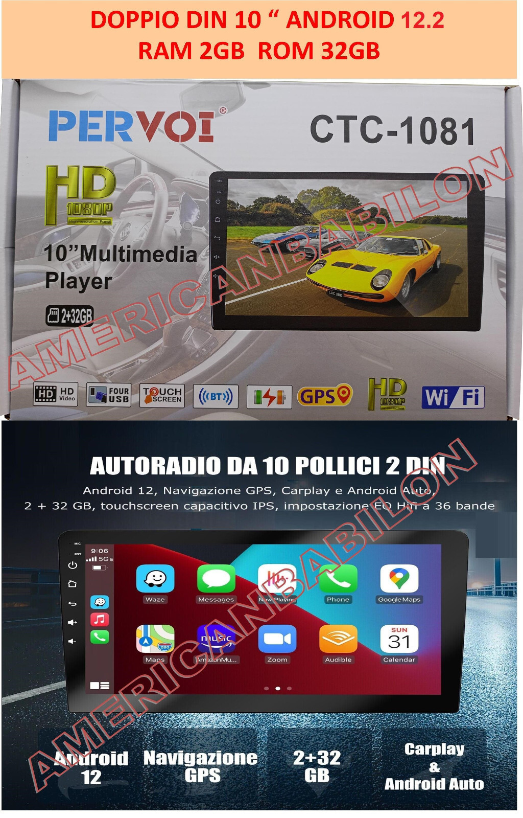 Autoradio 2 DIN 10 Pollici Android 12 CarPlay 2+32G WiFi GPS HIFI RDS