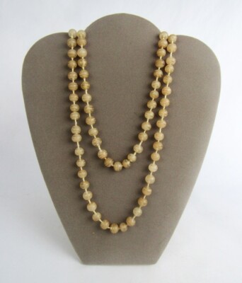 Vintage Tan Ecru Frosted Spiral Pattern Knotted Glass Bead 44'' Strand Necklace