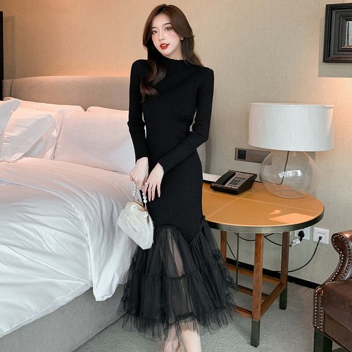 Women Knit Dress Lace Fishtail Ruffle 