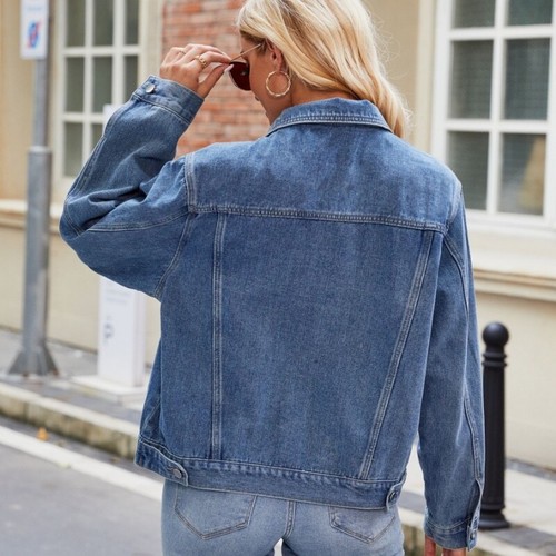 Jeansjacke Damen Blau Knopfleiste Taschen Lockerer Schnitt Casual Streetwear - Bild 12 von 12