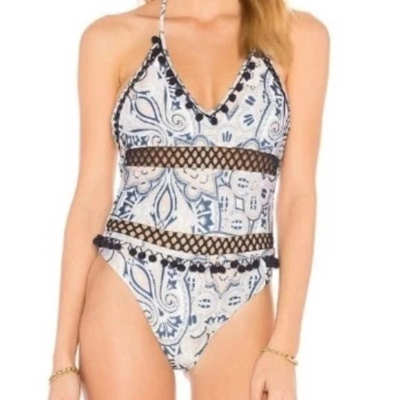 TULAROSA EMBER PAISLEY POM POM BLUE ONE PIECE BATHING SWIM SUIT WOMENS LARGE - Image 3 of 4