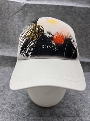 ROXY Hat Cap Snap Back Womens One Size White Poly Floral Palm Beach Trucker