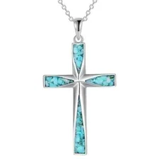 Turquoise Cross Necklace Pendant Silver Plated Blue Fashion Men Women Unique New