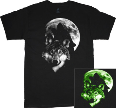 Glow in the dark Halloween shirt mens lone wolf howling moon decal tee costume