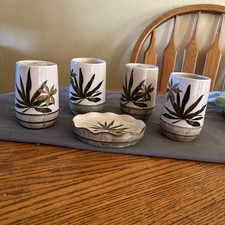 Bamboo Leaves Motif Bathroom 2 Sets Ceramic Toothbrush Holders  Rinse Cups