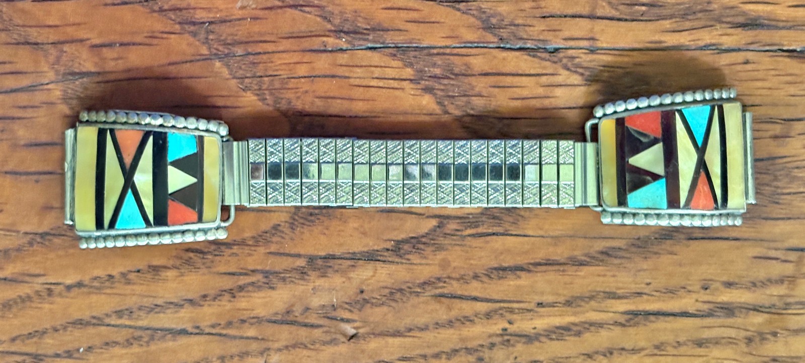 SILVER ZUNI MEN’S INLAY WATCH BAND TIPS BY HERBERT & ESTHER CELLICION