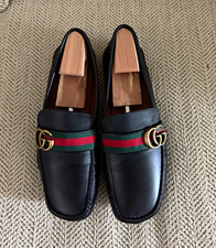 Gucci Web Horsebit Men s Black Leather Slip-On Loafers Red/Green Stripe 9