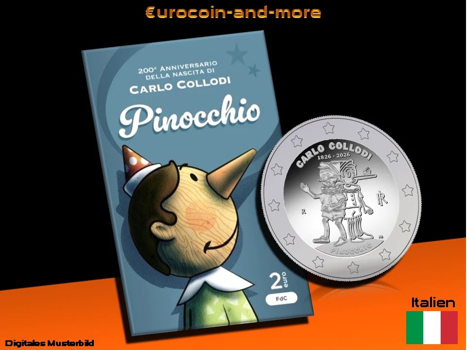 2 Euro Italien 2026  200. Geburtstag von Carlo Collodi – Pinocchio in Coincard - Bild 1 von 1