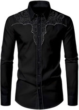 Mens Western Cowboy Shirt Casual Button down Long Sleeve Embroidered Shirts Fash