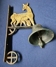 Vintage Cast Iron Farm Dinner Bell - Painted Deer Wall Mount - Good Sound