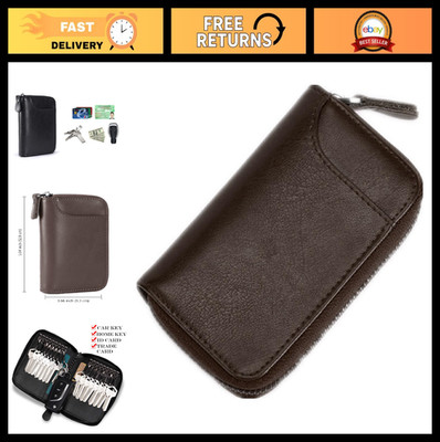 Large Zipper Leather Car Key Case Organizer Wallet - 16 Hook Key Holder (Brown)