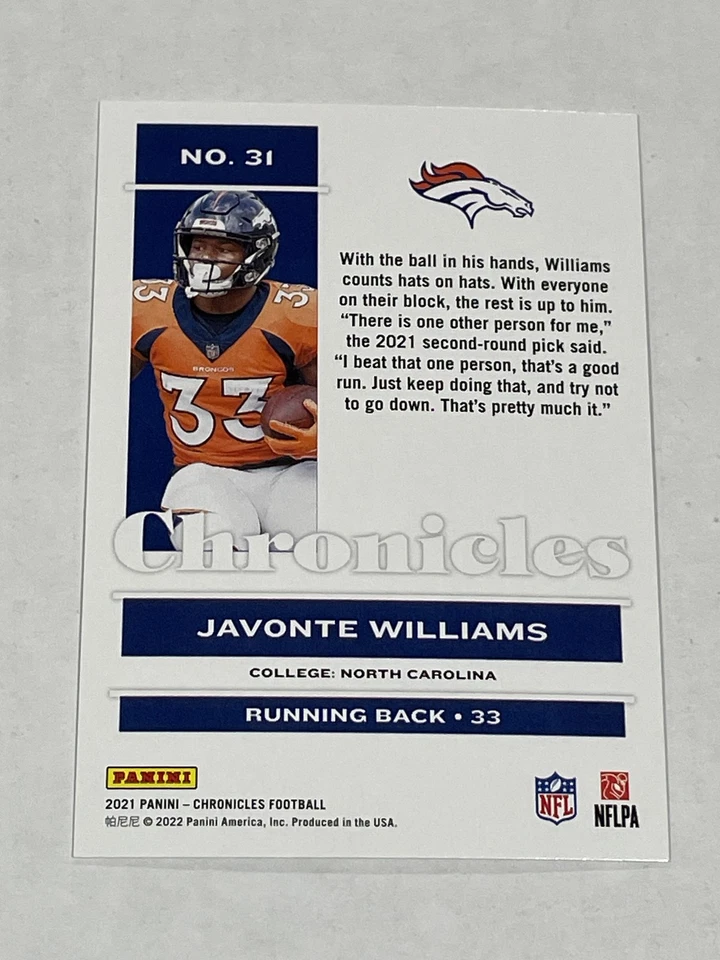 2021 Panini Chronicles Football #31 - Javonte Williams RC - Denver Broncos - Image 2 of 2