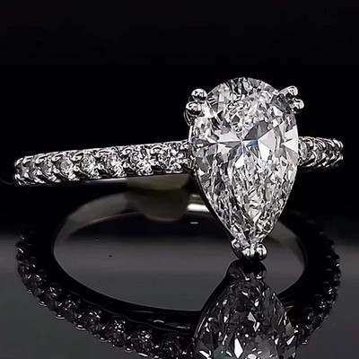 2Ct Pear Cut Lab Created Diamond 14k White Gold Plated Beautiful Engagement Ring