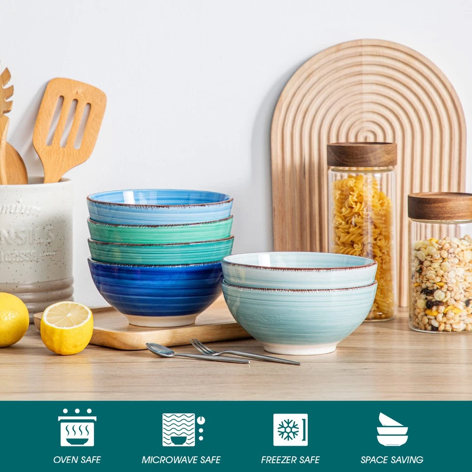 Bonita 27 OZ Juego de 6 Cuencos de Cereal, Cuencos de Cerámica Azul para Cocina, 6 Pulgadas So... Foto 4 de 4