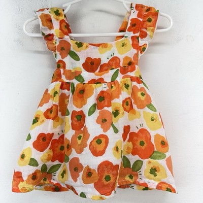 NWT Angel Dear Sz 3-6M Orange Yellow Poppy Floral Print Muslin Ruffle Baby Dress