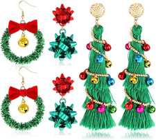 Christmas Earrings for Women Xmas Bow Wreath Earrings Long Tassel Christmas Tree
