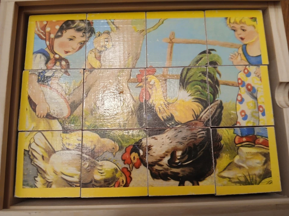 Schylling Wood Cube Puzzle , Vintage , Children Animals , Snow Scene 6 Sided 60s - Image 2 of 4