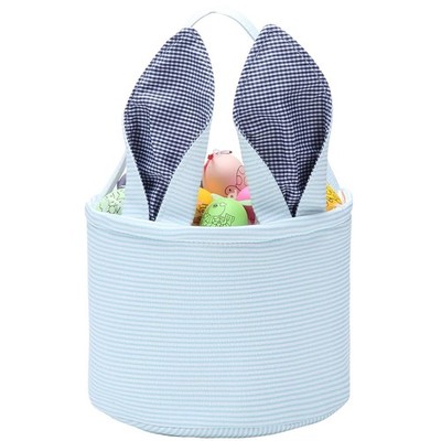 Easter Basket Bunny Ears Seersucker Blue 11.7in Egg Hunt Gift Bag