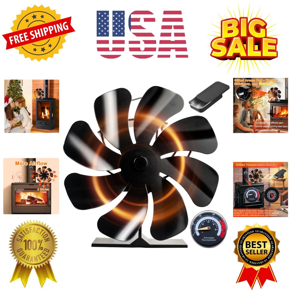 Wood Stove Fan Heat Powered 8-Blade Stove Fan, Fireplace Fan