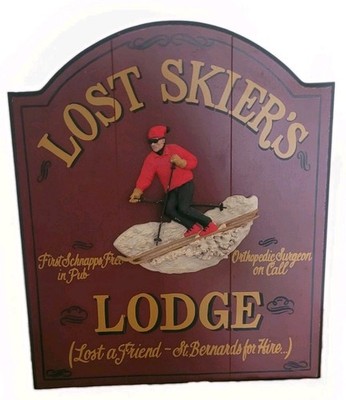  Discontinued Big Sky Carvers Lost Skiers Lodge Hand-Painted Wood Ski Sign 