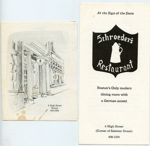 Schroeder's Restaurant - 8 High Street Boston MA - 1980's menu and brochure