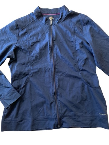 Healing Hands Zip Front Scrub Jacket Women’s Medium Navy Blue Workwear Full Zip - Picture 3 of 7