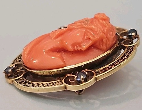 Antique Victorian 14k Yellow Gold Salmon Coral Cameo Pin Brooch 1¾"x1¼" 5g - Picture 9 of 9