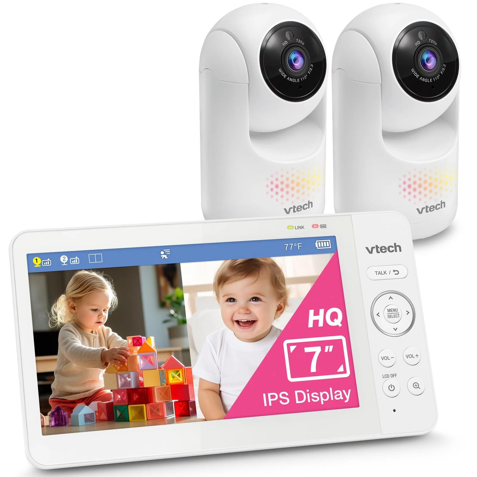 VTech Baby Monitor 2 Cameras No WiFi 7 IPS Split Screen Remote Pan Tilt Zoom 