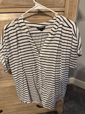 Express Striped Button-Up V-Neck Short Sleeve Blouse S/P White Navy