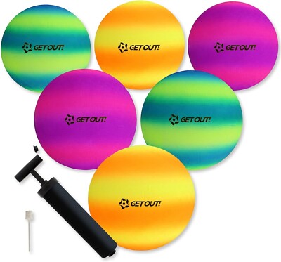 Get Out! Rubber Play Ball 6-Pack & Inflator, 8.5in   Small Playground Ball Four