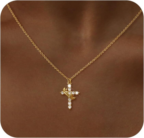 Delicado Collar Cruz para Mujer, Delicados Collares Cruzados Rellenos de Oro 14K/Plata S