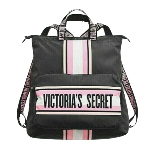 VICTORIAS SECRET PACKABLE BACKPACK BLACK PINK STRIPE SCHOOL GYM BAG NWT