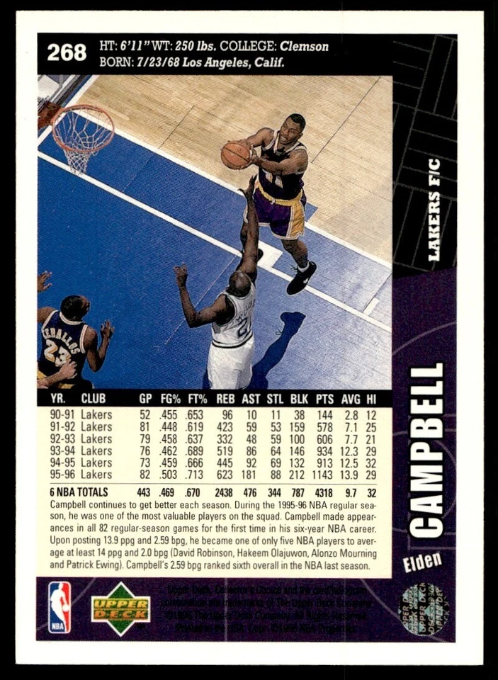 1996-97 Collector's Choice Elden Campbell Los Angeles Lakers #268 - Image 2 of 2