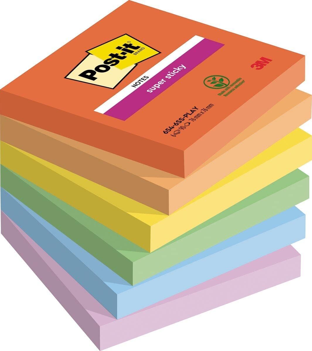 Post-it Super Sticky Notes Playful Color Collection, Pack of 6 Pads, 90 Sheets p